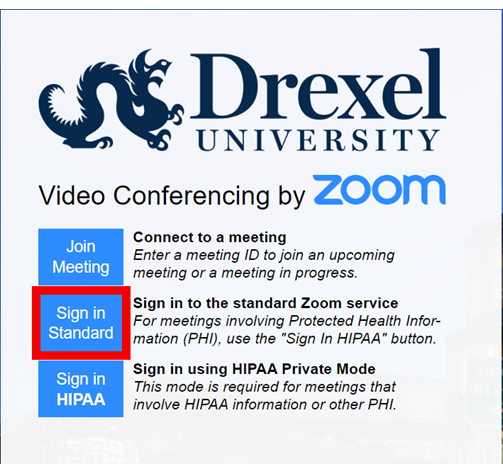 Drexel University Zoom with 'Sign in Standard' Button Outlined